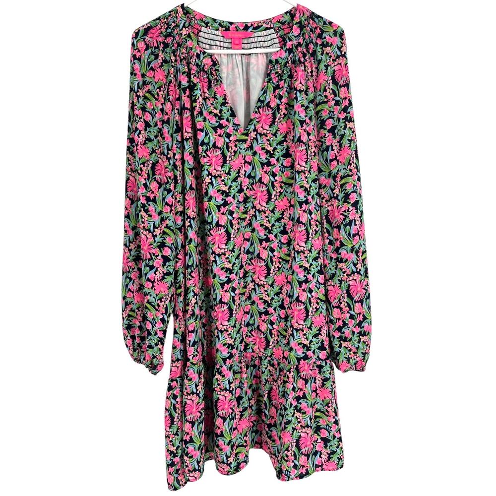 Lilly Pulitzer Lucee LS Dress Low Tide Navy Garden Variety Floral Women's XL